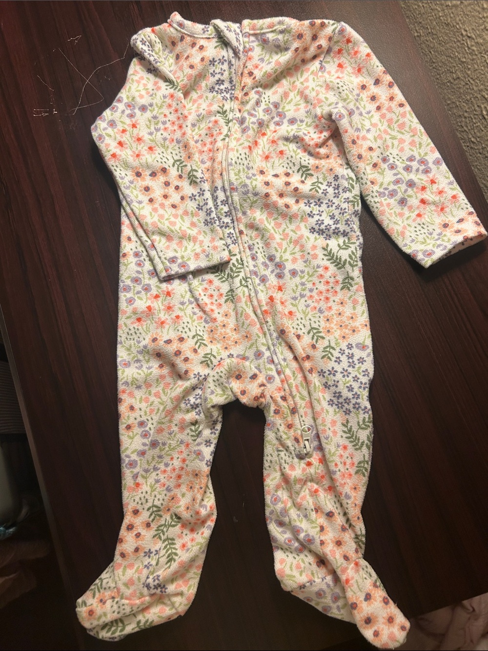 Hooded Floral Footed One-Piece in White with Orange & Purple Flowers